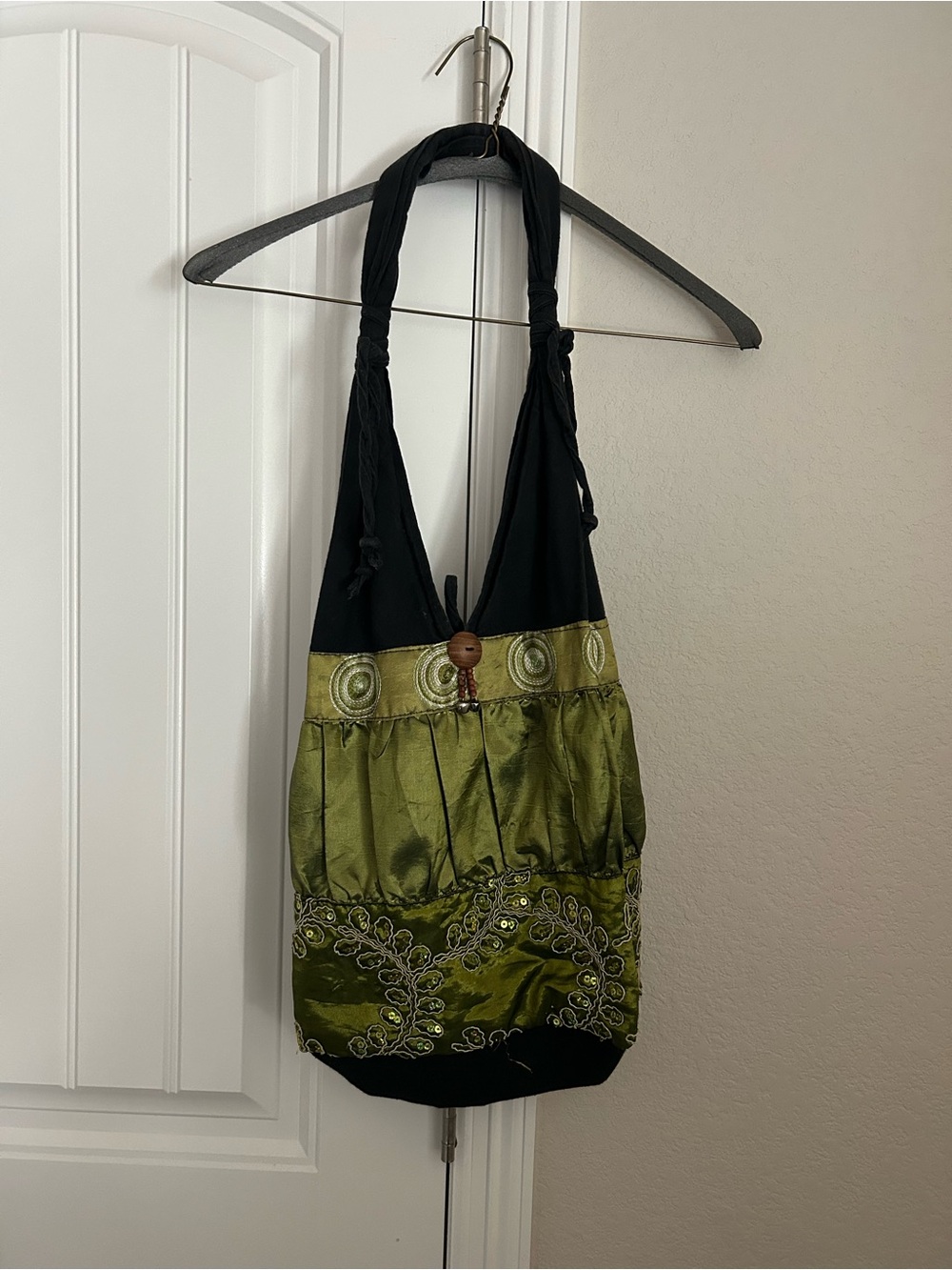 Black and Olive Green Embroidered Hobo Bag
